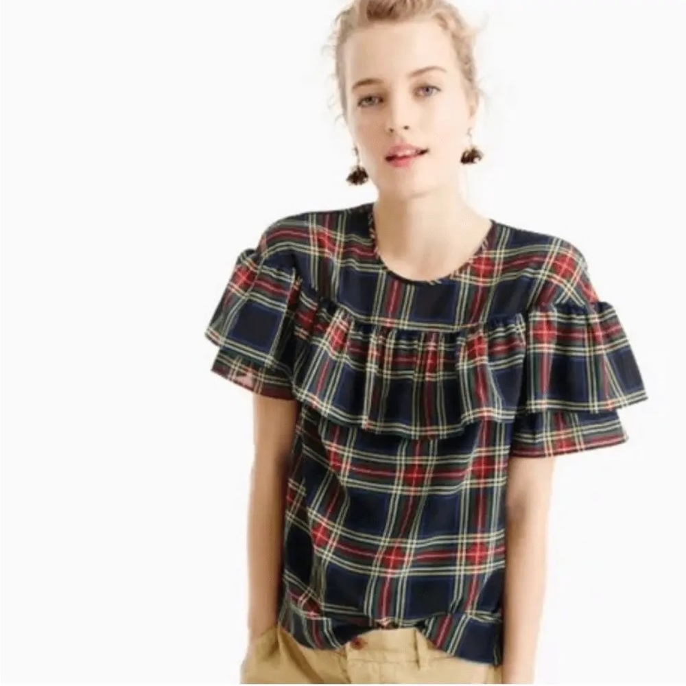 J.Crew Multicolored Edie Stewart Tartan Plaid Ruffle Short Sleeve Shirt